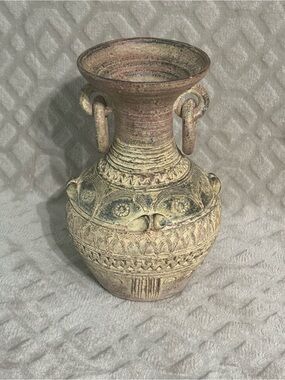 Vintage Rustic Studio Pottery Vase 10" Ring Handles Primitive Archaic Amphora